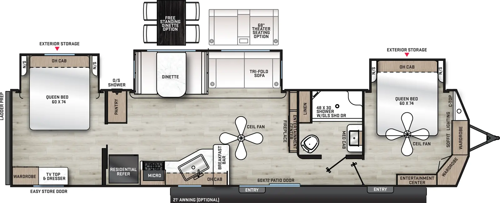 The 40BHTS2Q has three slide outs two entry doors. Exterior features include an optional 21 foot awning. Interior layout front to back: front bedroom with off door side queen bed slide out with overhead cabinet and night stands on each side, paddle fan, front countertop and wardrobe, door side entertainment center, and entry door; off door side full bathroom with linen closet and medicine cabinet; entertainment center with fireplace along inner wall; patio door entry; off-door side slide out containing tri-fold sofa (optional theater seating) and dinette, and a pantry; door side kitchen containing breakfast bar, paddle fan, sink, overhead cabinet, cook top stove, microwave, and residential refrigerator; rear bedroom with off-door side queen bed slideout with overhead cabinet and nightstands on each side, and door side wardrobe and TV top and dresser. Optional free standing dinette available in place of standard dinette.